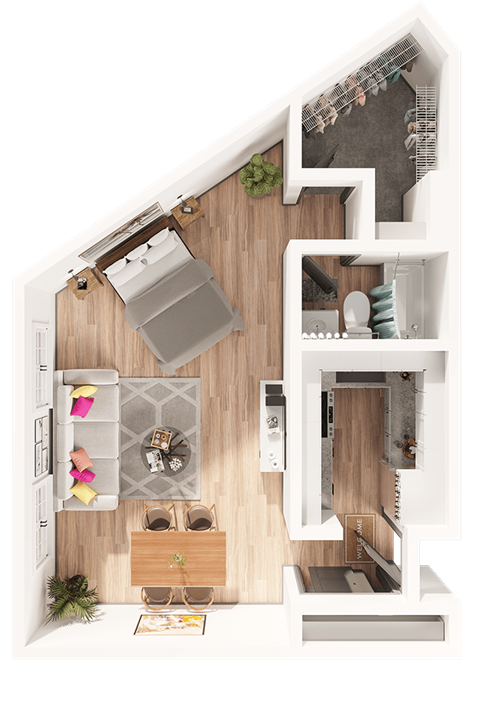 Floor plan for studio, 1 bath, 553 sqft